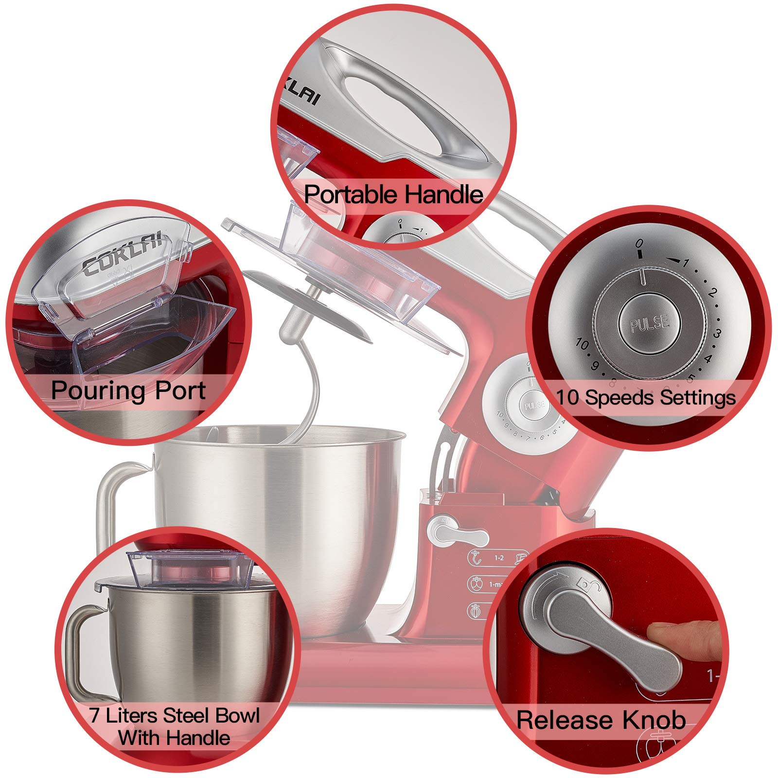 COKLAI 660W Stand Mixer, 7.3-Quart Tilt-Head Electric Dough Mixer with Stainless Steel Bowl - Includes Dough Hook, Flat Beater, Wire Whisk & Splash Guard - Red (Professional Kitchen Mixer for Baking)
