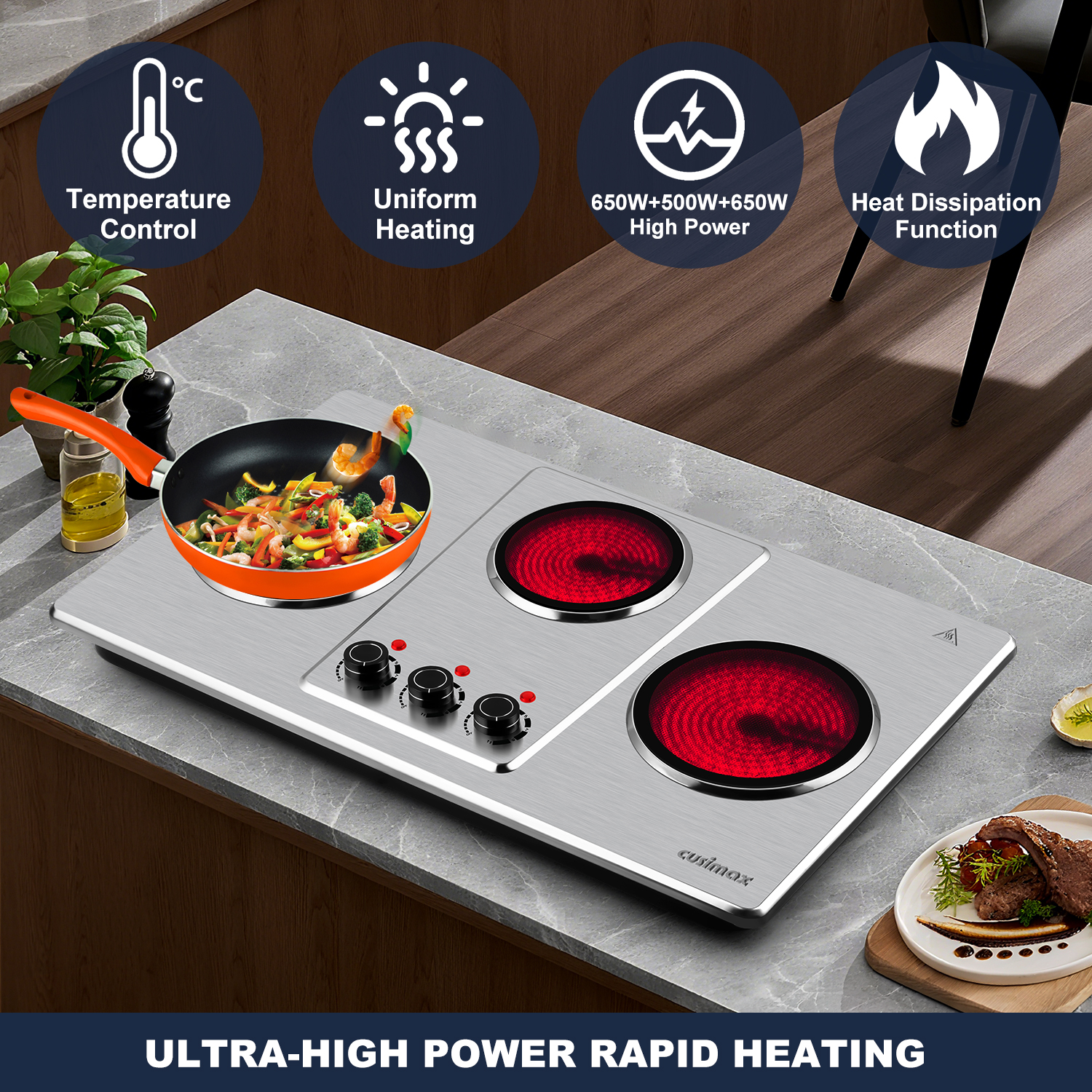 Cusimax Hot Plate Electric,Countertop Infrared Triple Burner with 7″Ceramic Glass Cooktop,Electric Hot Plate for Cooking,11 Level Temperature Setting