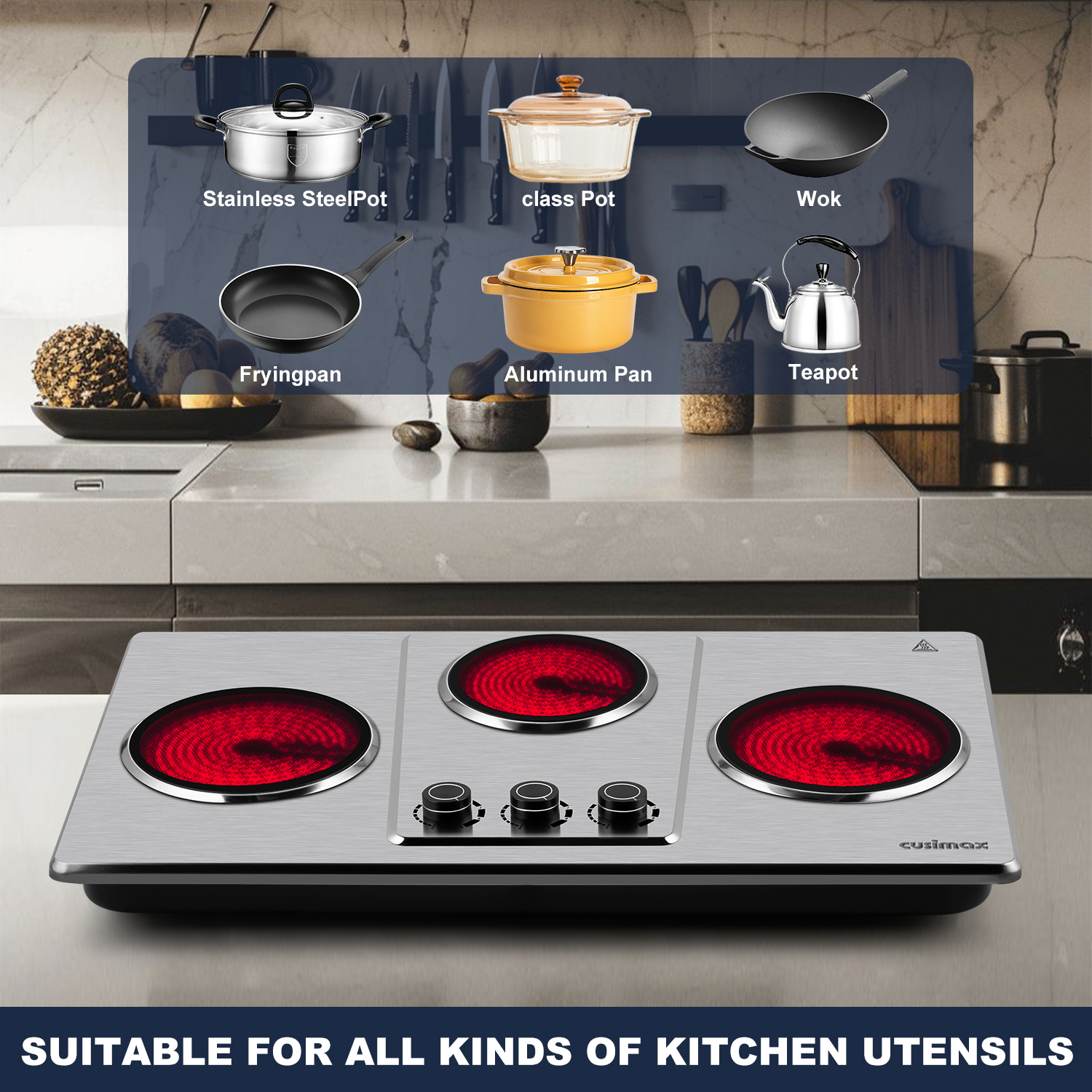 Cusimax Hot Plate Electric,Countertop Infrared Triple Burner with 7″Ceramic Glass Cooktop,Electric Hot Plate for Cooking,11 Level Temperature Setting