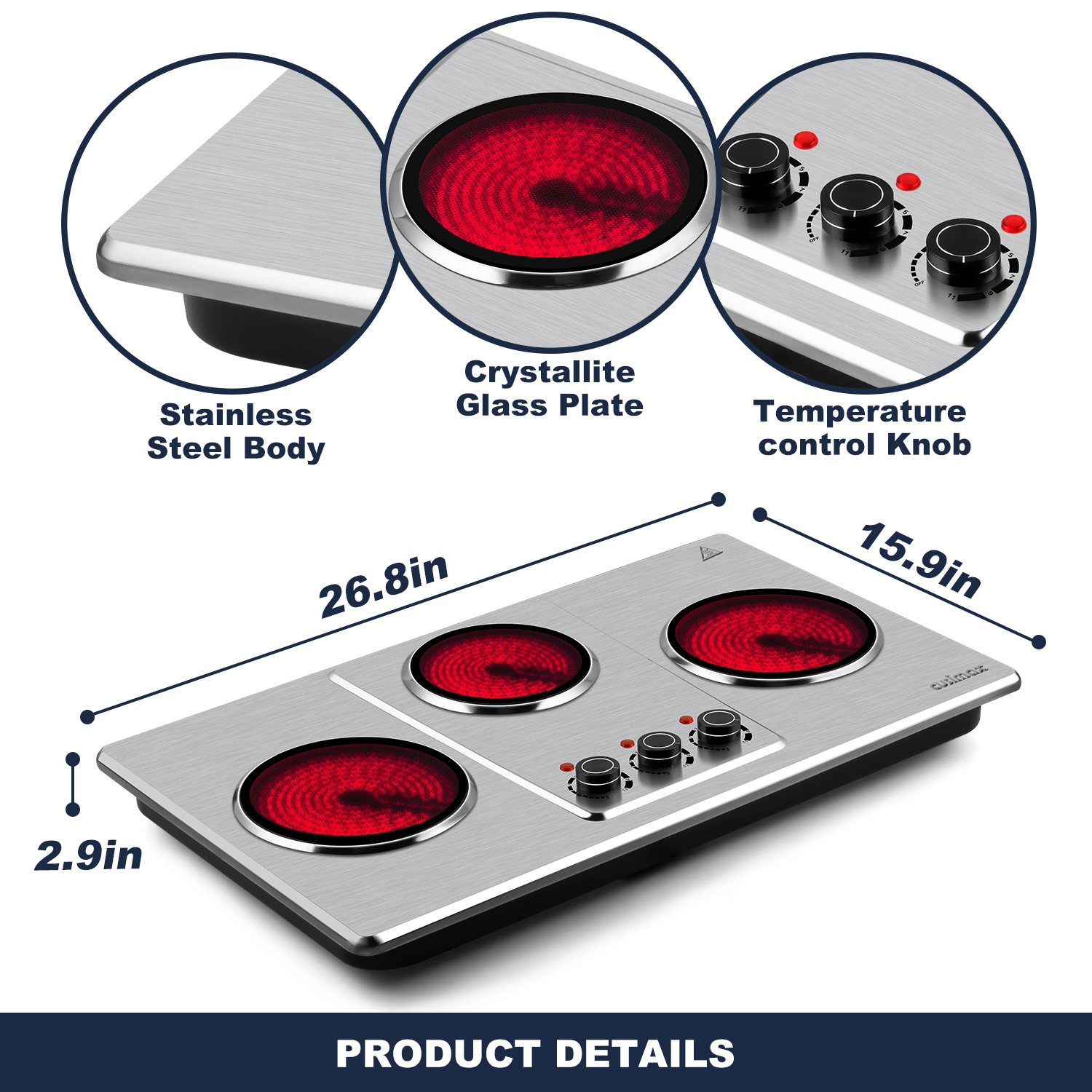 Cusimax Hot Plate Electric,Countertop Infrared Triple Burner with 7″Ceramic Glass Cooktop,Electric Hot Plate for Cooking,11 Level Temperature Setting
