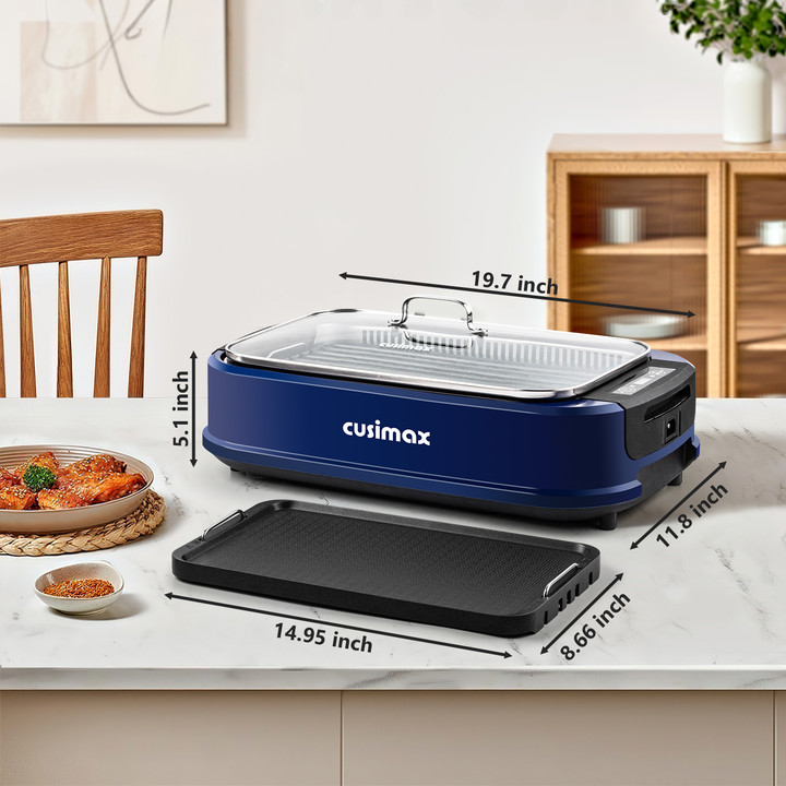 Cusimax Smokeless Electric Grill with Turbo Smoke Extractor, Portable Grill with 2 Non-Stick Grill Plates, Stainless Steel Indoor Grill for Home and BBQ Parties