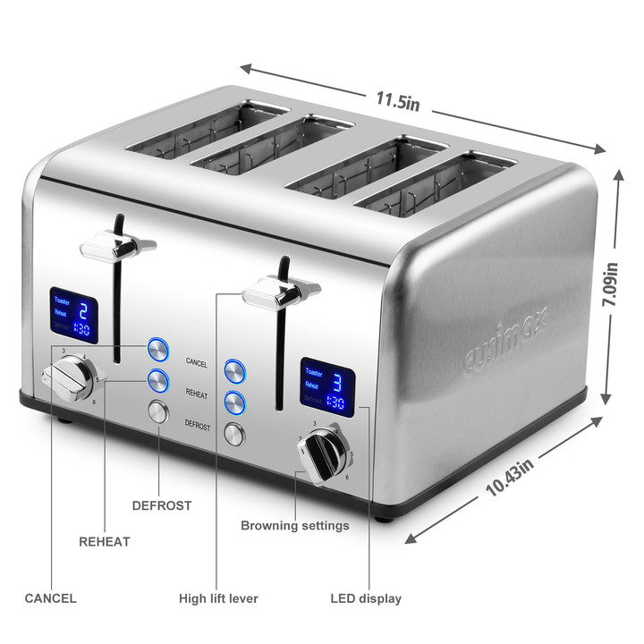 Cusimax 4 Slice Toaster, Stainless Steel Toaster with Ultra-Clear LED Display & Extra Wide Slots, Dual Control Panels of 6 Shade Settings, Cancel/Bagel/Defrost Function, Removable Crumb Trays(DE/FR/IT/ES)