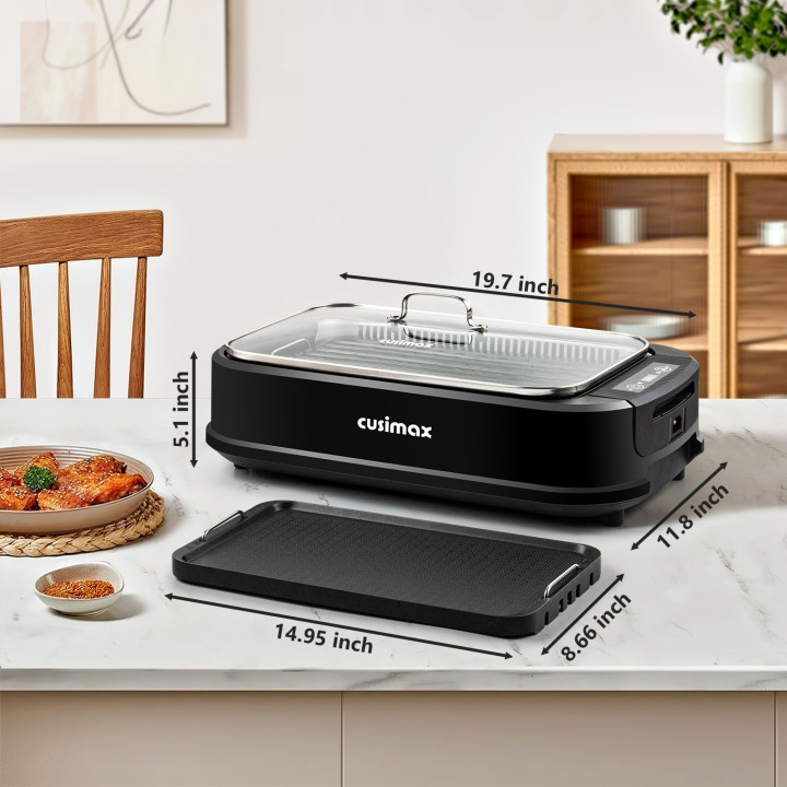 Cusimax Smokeless Electric Grill with Turbo Smoke Extractor, Portable Grill with 2 Non-Stick Grill Plates, Stainless Steel Indoor Grill for Home and BBQ Parties