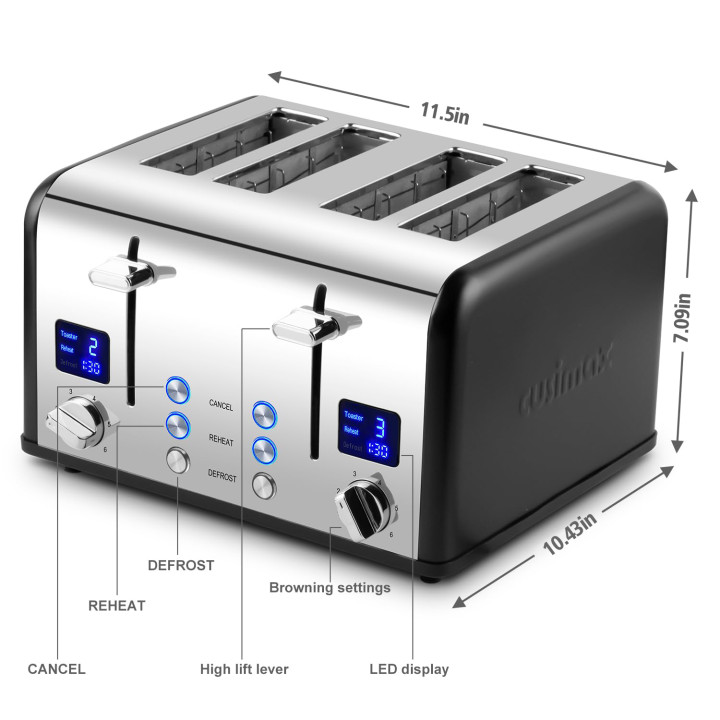 Cusimax 4 Slice Toaster, Stainless Steel Toaster with Ultra-Clear LED Display & Extra Wide Slots, Dual Control Panels of 6 Shade Settings, Cancel/Bagel/Defrost Function, Removable Crumb Trays