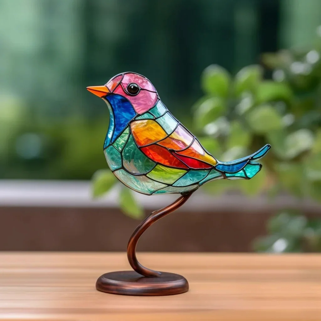🌈Stained Plastic Birds on Branch Desktop Ornaments 🕊️✨