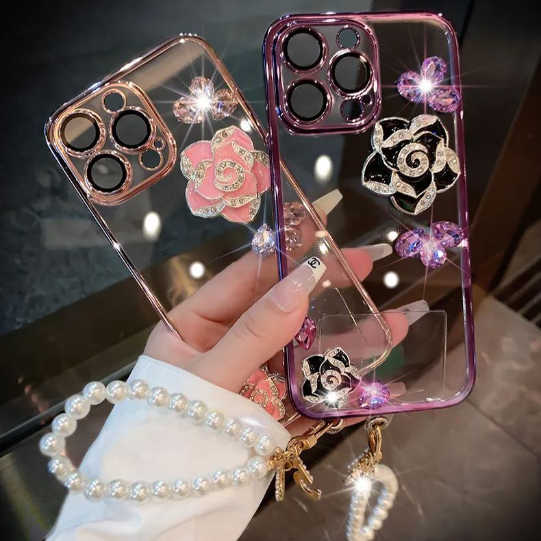 🎁💝2024 Valentine’s Day Gifts -Rhinestone Camellia Transparent Lanyard Phone Case