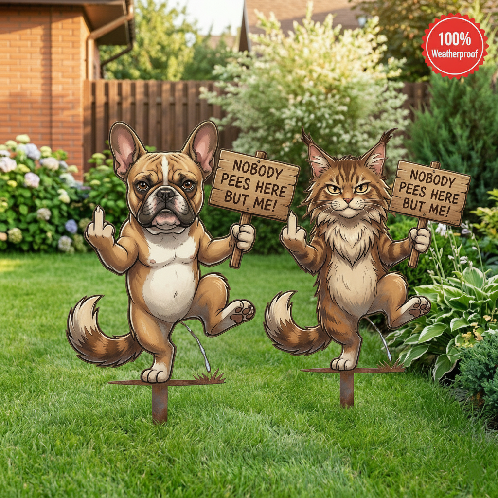 Nobody Pees Here But Me! Hilarious Metal Yard Stake - Turf Defender (Frenchie & Fluffy Cat Editions)