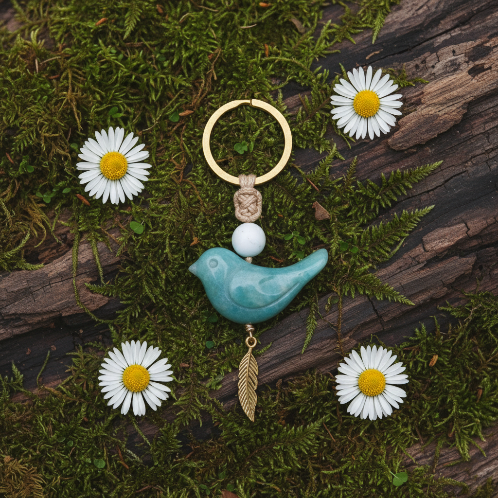 Song of Nature: Amazonite Bird Keychain for Peace & Courage