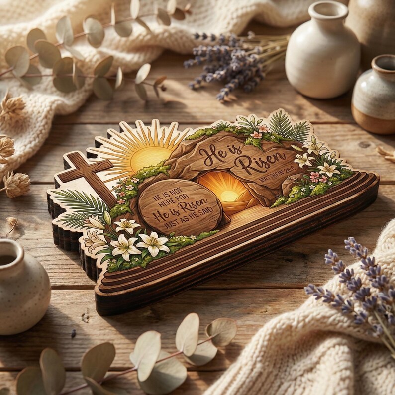 ✝He Is Risen Wooden Block Decor