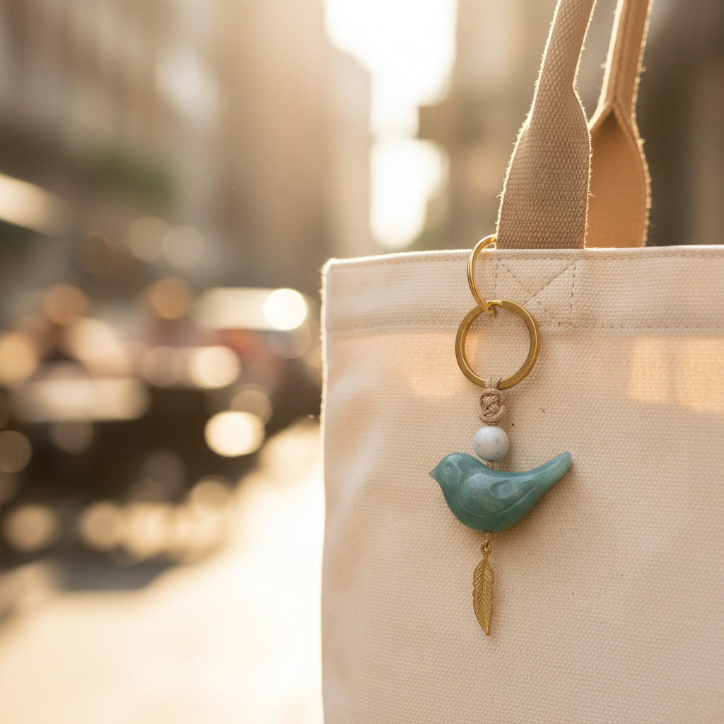 Song of Nature: Amazonite Bird Keychain for Peace & Courage