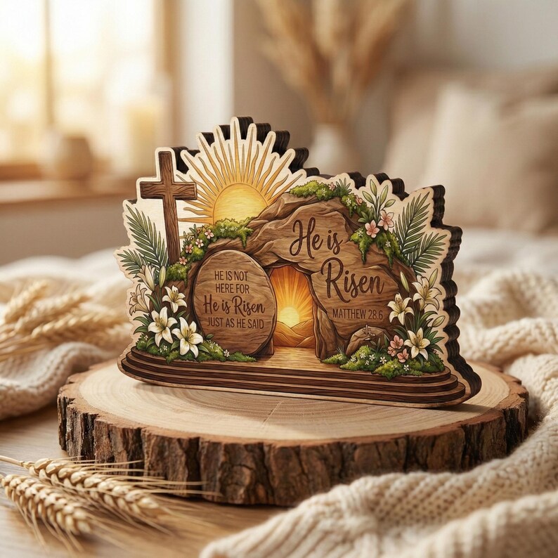 ✝He Is Risen Wooden Block Decor