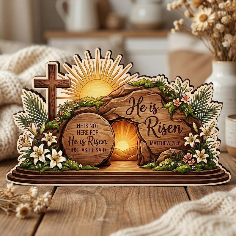 ✝He Is Risen Wooden Block Decor