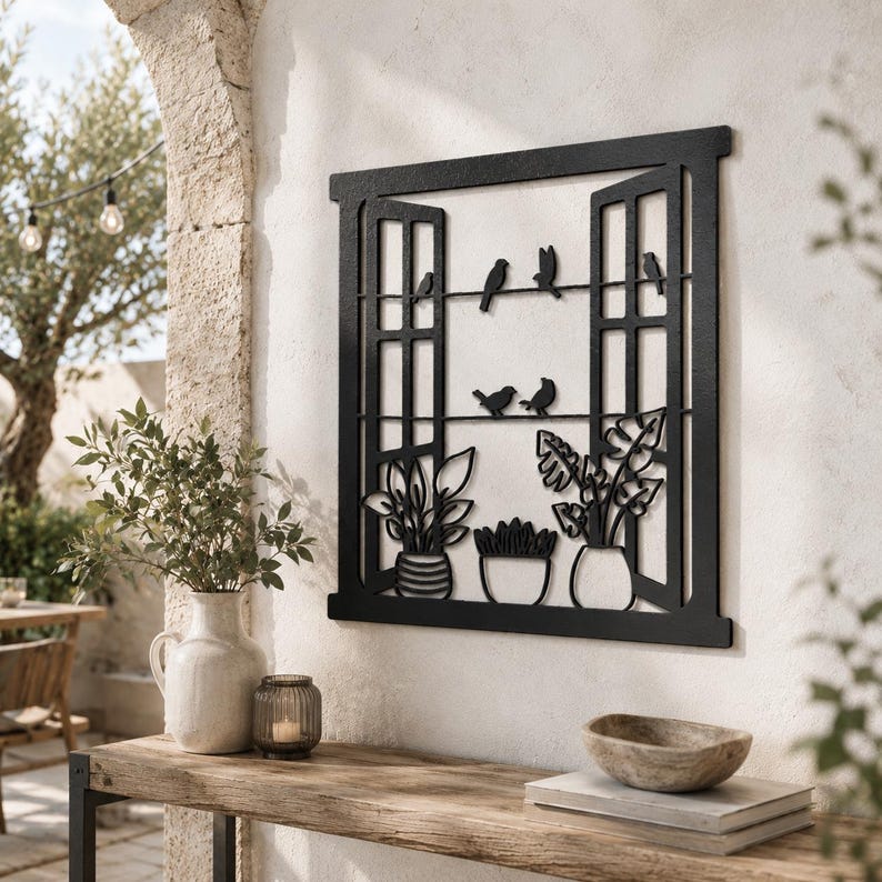 🕊💐Bird & Plant Window Scene Metal Wall Art