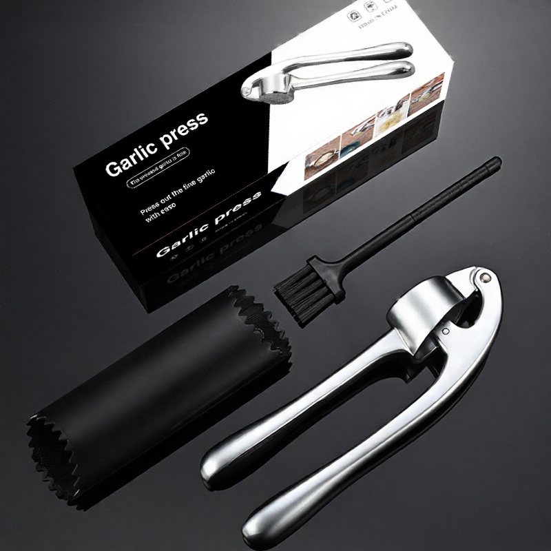 Premium Garlic Press Set | Rust-Proof Mincer + Silicone Peeler & Brush (Chrome)