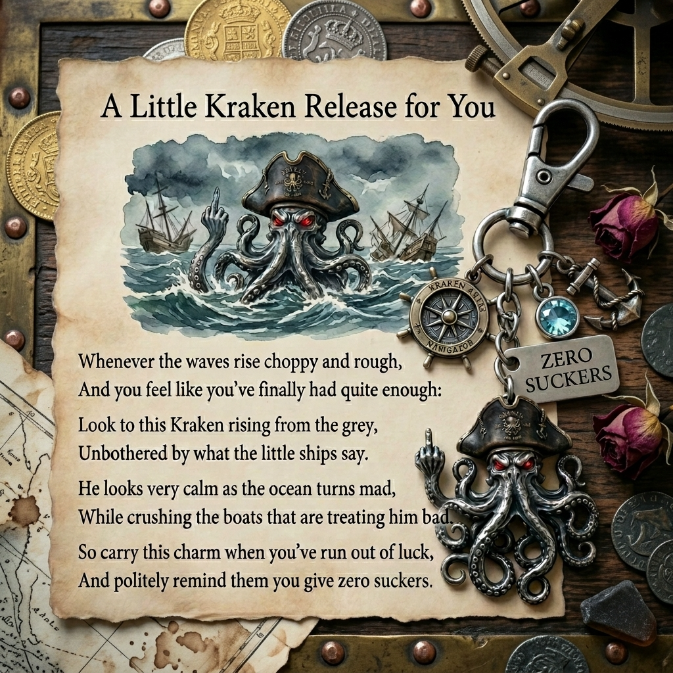 "Zero Suckles Given" Middle Finger Kraken Keychain & Poem Card Set &ndash; The Ultimate Cheeky Gift for Anyone Done with the BS!