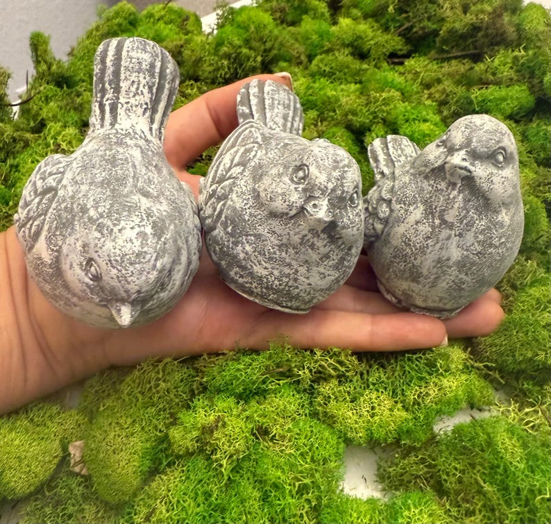 🐦 Set of 3 Concrete‑Look Resin Birds – Handcrafted Garden & Shelf Decor