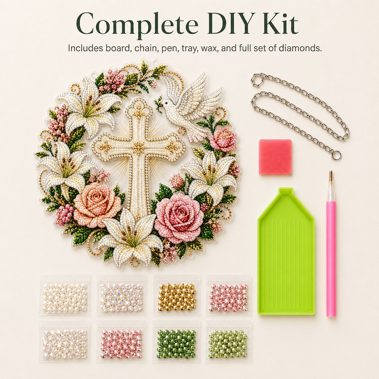 ✝️💐Cross, Flowers & Peace Dove Diamond Art Hanging Ornament Kit