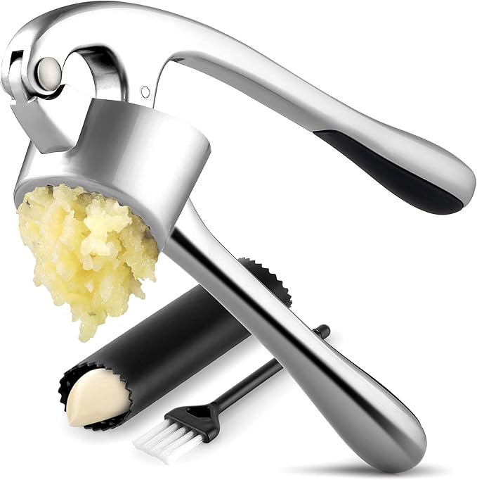 Premium Garlic Press Set | Rust-Proof Mincer + Silicone Peeler & Brush (Chrome)
