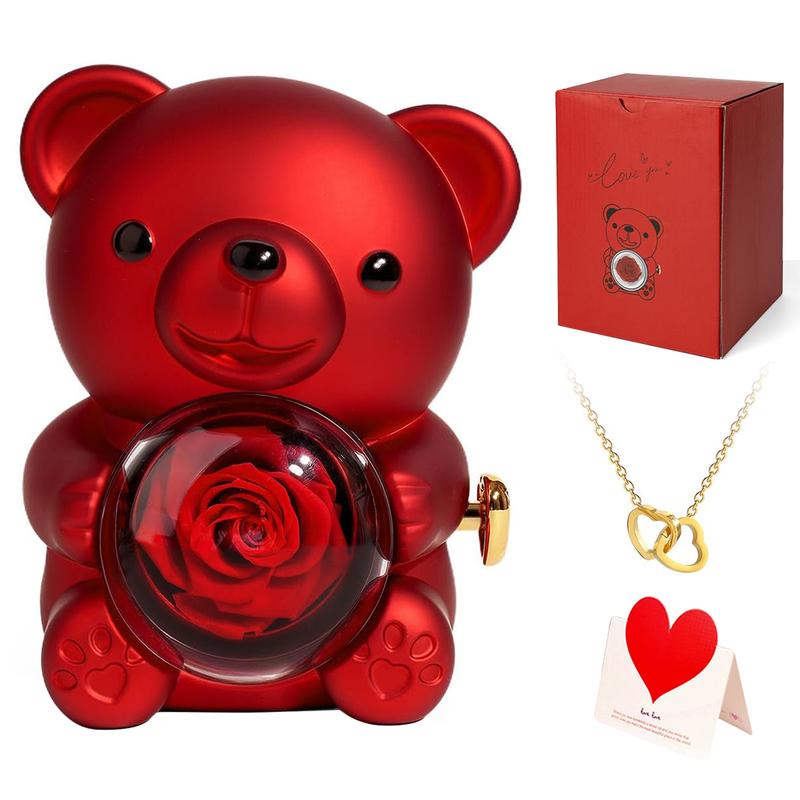 Cute Teddy Bear with Preserved Rose & Necklace – Romantic Gift Box for Her