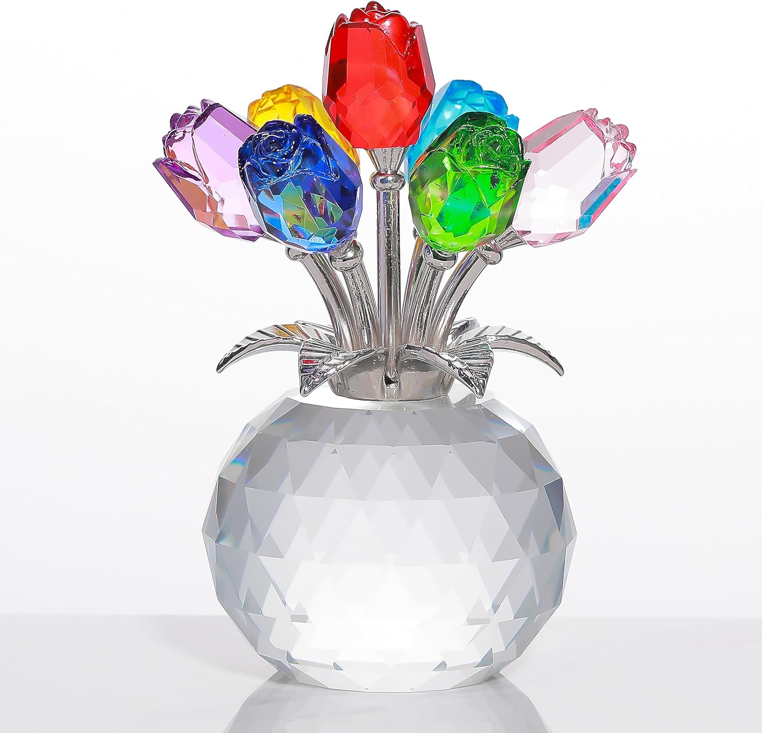 Colorful Rose Crystal Figurine with Vase | Handmade Flower Ornament Home Table Decor