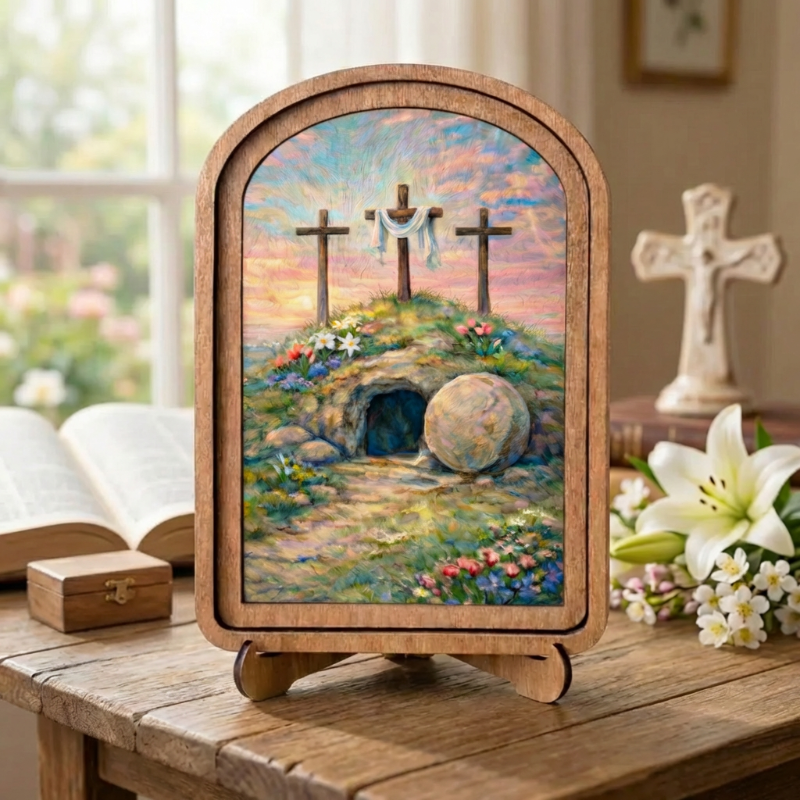 Resurrection Shelf Sitter, Easter Christian Decor, Biblical Empty Tomb Crosses Art, Religious Faith Wood Decor, Christian Decor Gift