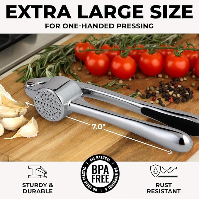 Premium Garlic Press Set | Rust-Proof Mincer + Silicone Peeler & Brush (Chrome)