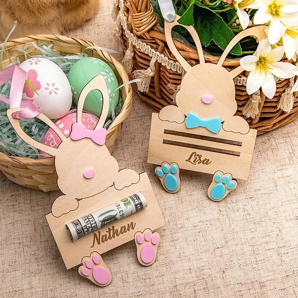 Personalized Rabbit Bunny Money Holder Basket Tags with Engraved Name Easter Gift for Kids