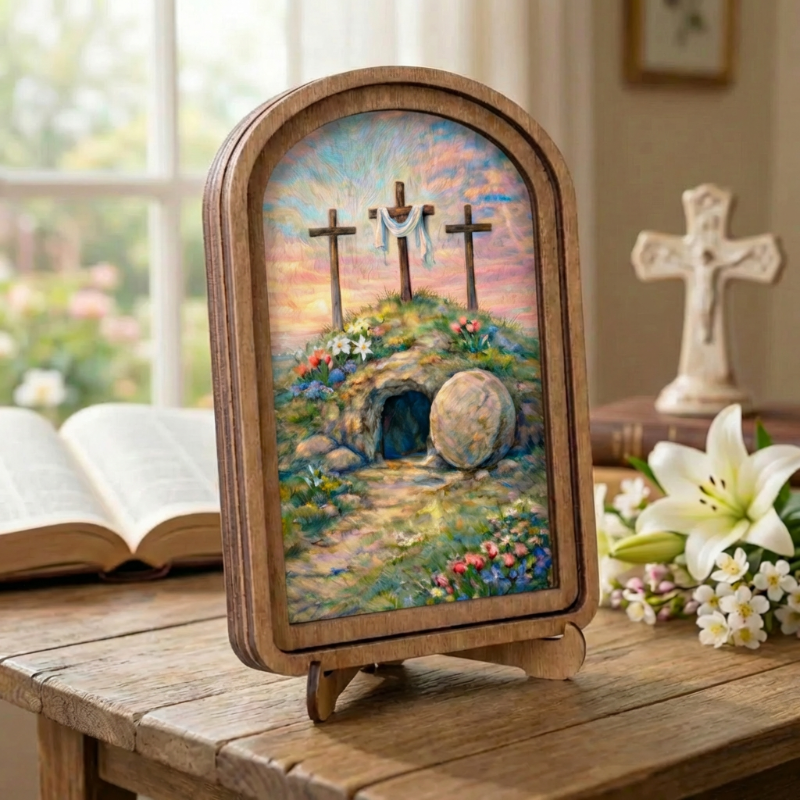 Resurrection Shelf Sitter, Easter Christian Decor, Biblical Empty Tomb Crosses Art, Religious Faith Wood Decor, Christian Decor Gift