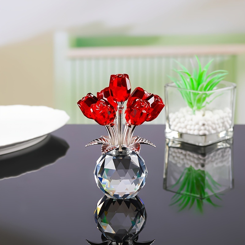 Colorful Rose Crystal Figurine with Vase | Handmade Flower Ornament Home Table Decor