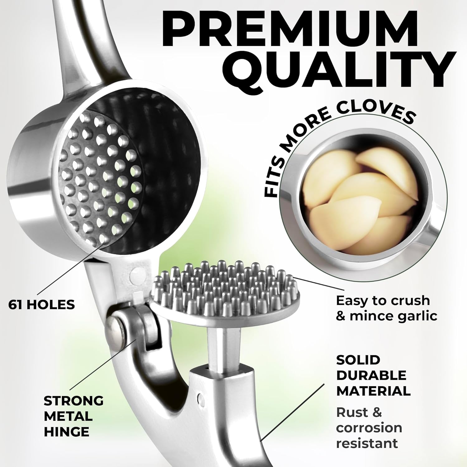 Premium Garlic Press Set | Rust-Proof Mincer + Silicone Peeler & Brush (Chrome)