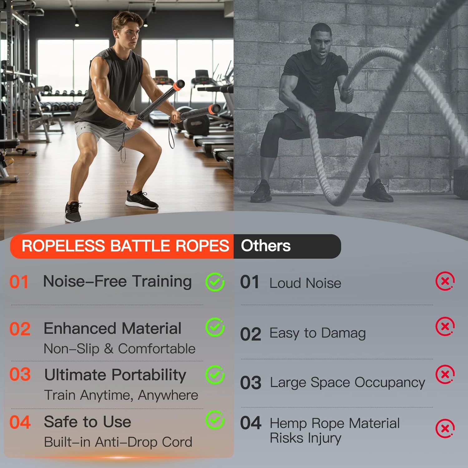 2-Pack Ropeless Battle Ropes | Quiet Space-Saving Home Gym Training (With Storage Bag)