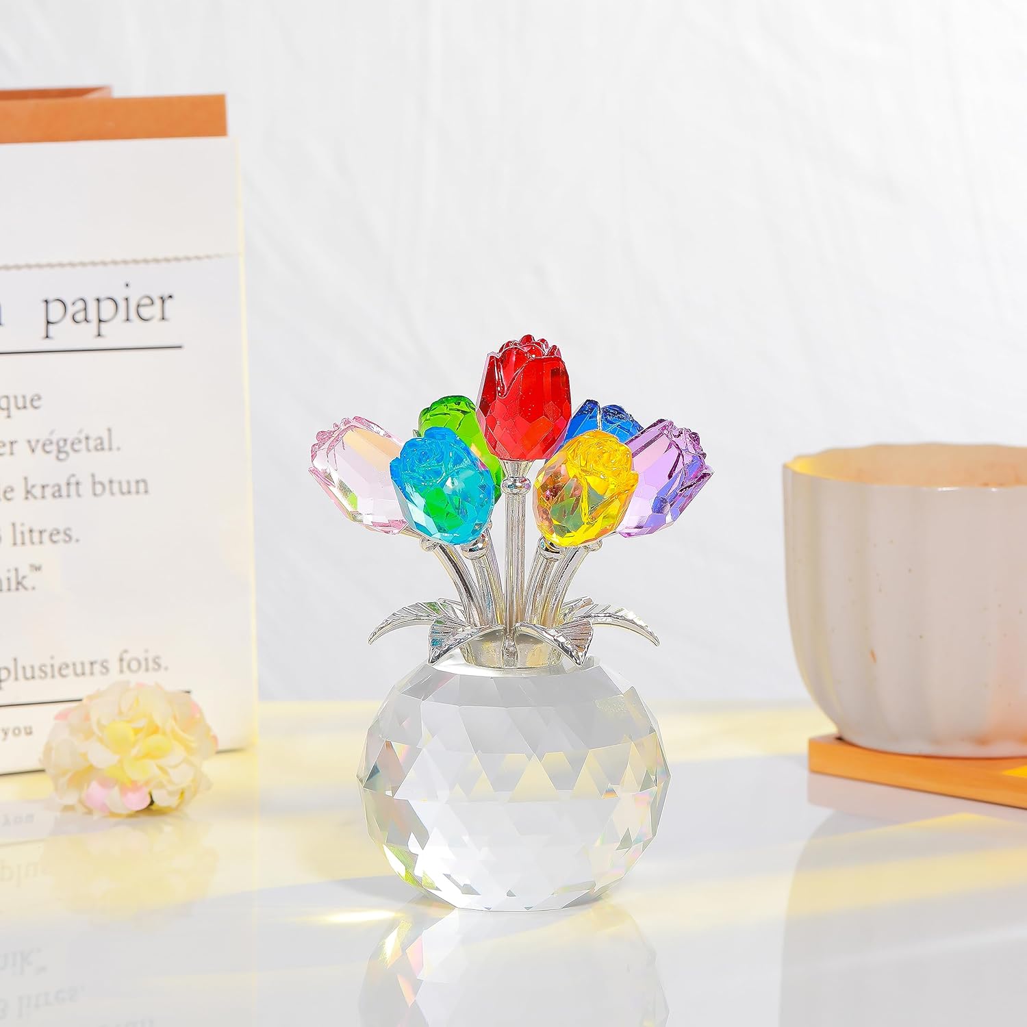 Colorful Rose Crystal Figurine with Vase | Handmade Flower Ornament Home Table Decor