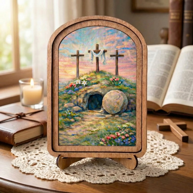 Resurrection Shelf Sitter, Easter Christian Decor, Biblical Empty Tomb Crosses Art, Religious Faith Wood Decor, Christian Decor Gift