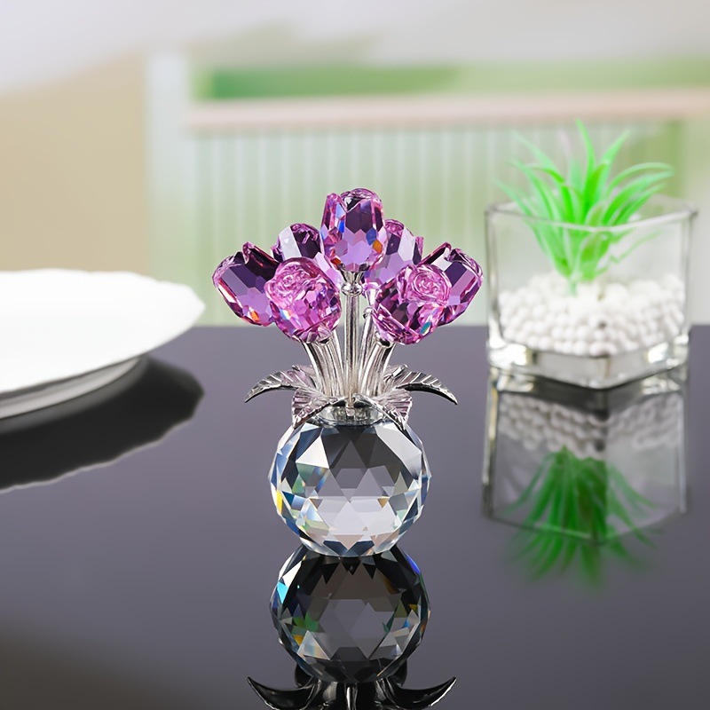 Colorful Rose Crystal Figurine with Vase | Handmade Flower Ornament Home Table Decor