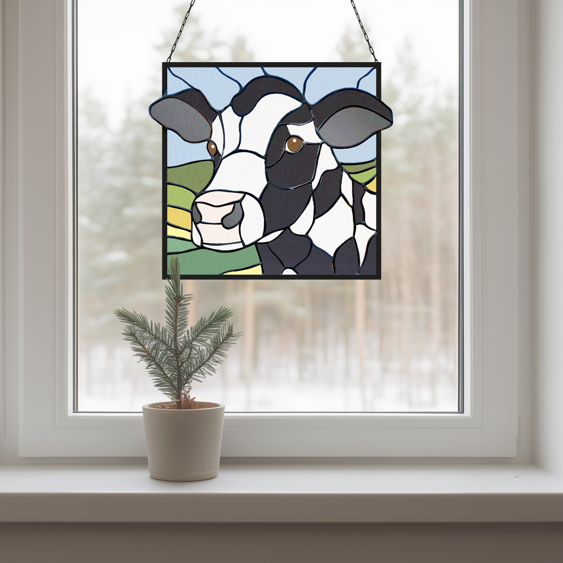 Handcrafted Cow Stained Glass Hanging Panel