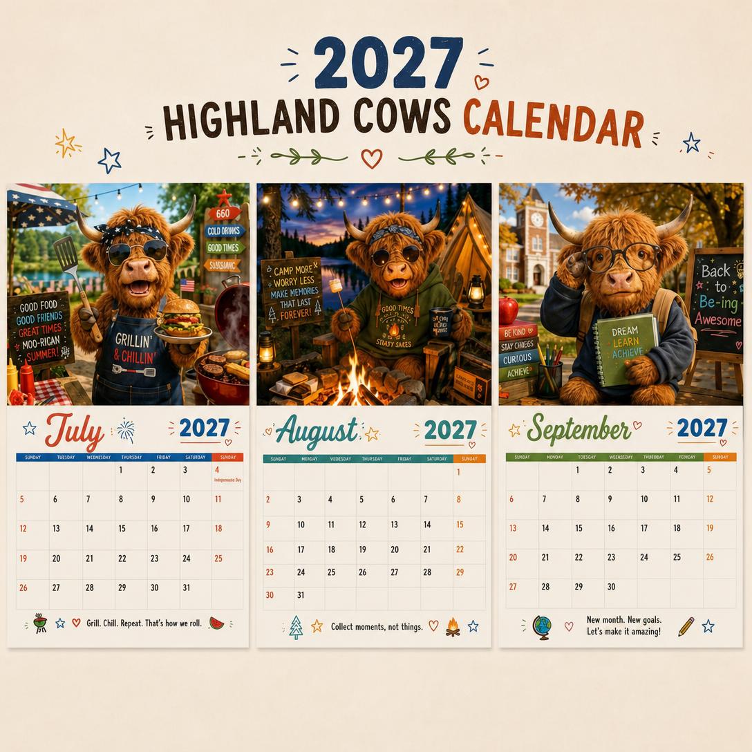 2027 Funny Highland Cows Wall Calendar | A4 Hanging Calendar