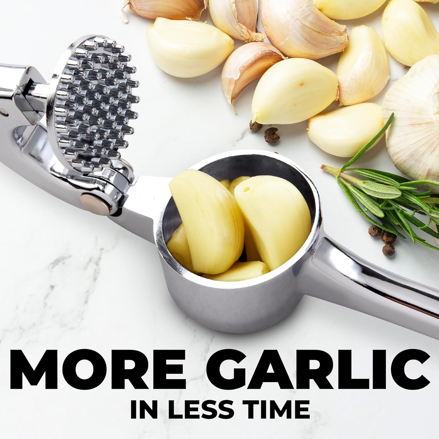 Premium Garlic Press Set | Rust-Proof Mincer + Silicone Peeler & Brush (Chrome)