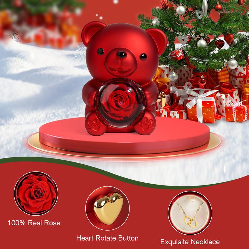 Cute Teddy Bear with Preserved Rose & Necklace – Romantic Gift Box for Her