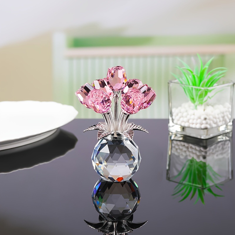 Colorful Rose Crystal Figurine with Vase | Handmade Flower Ornament Home Table Decor