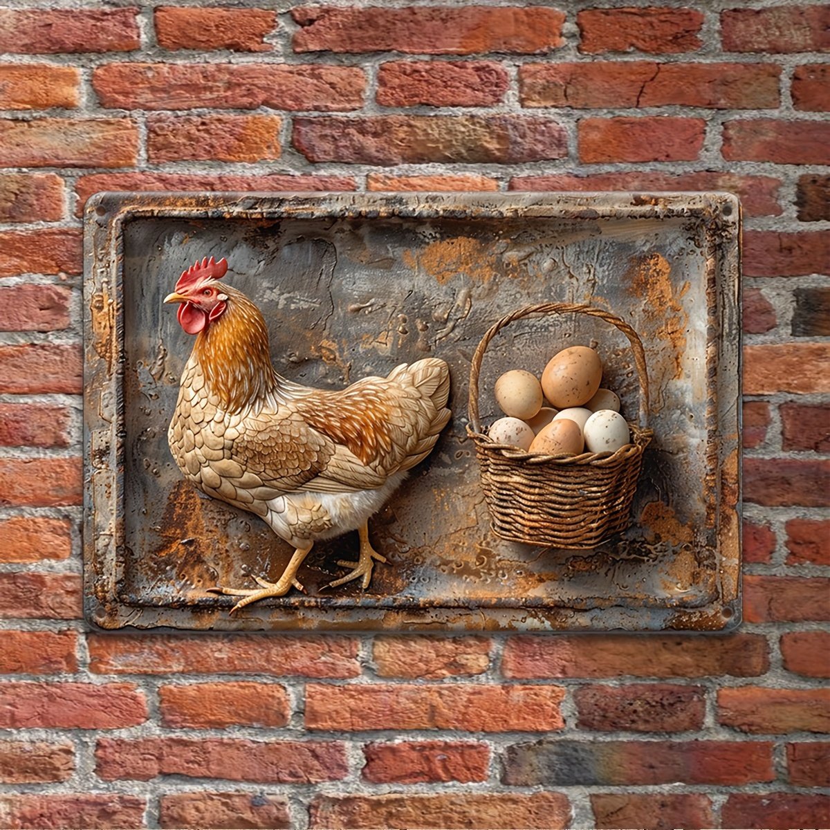 Vintage-Metallschild „Hähnchen & frische Eier“