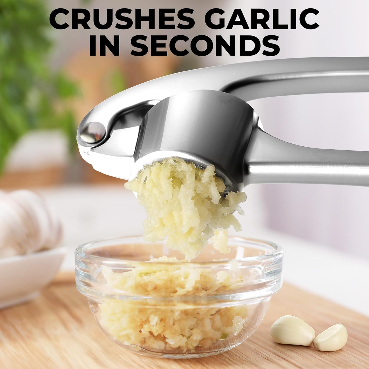 Premium Garlic Press Set | Rust-Proof Mincer + Silicone Peeler & Brush (Chrome)
