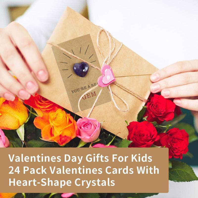 Valentines Day Gifts for Kids - 24 Pack Valentines Cards with Heart-Shape Gems - Valentine Crystals Rock Gift Exchange for Boys Girls Toddlers Class Classroom School Party Favor