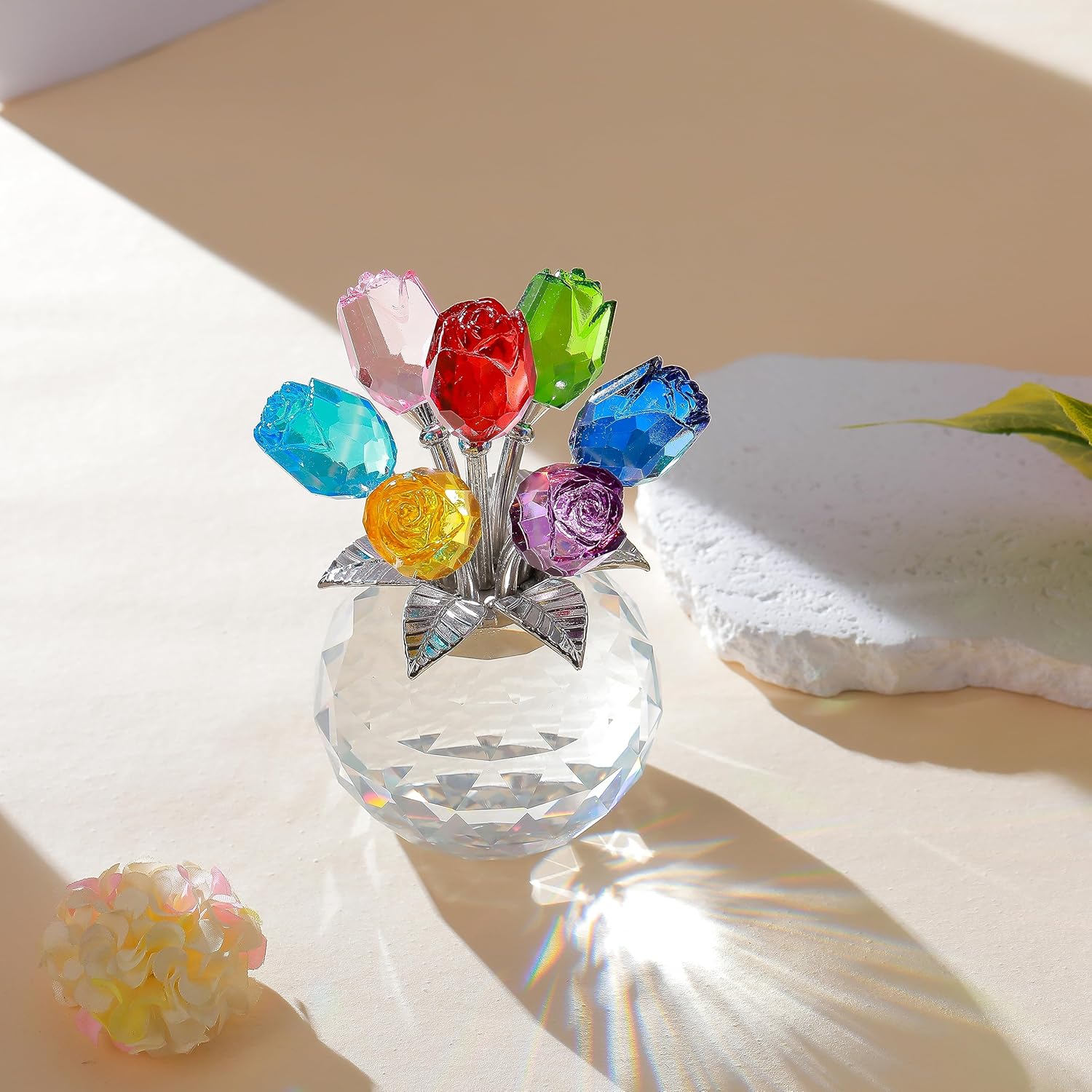 Colorful Rose Crystal Figurine with Vase | Handmade Flower Ornament Home Table Decor