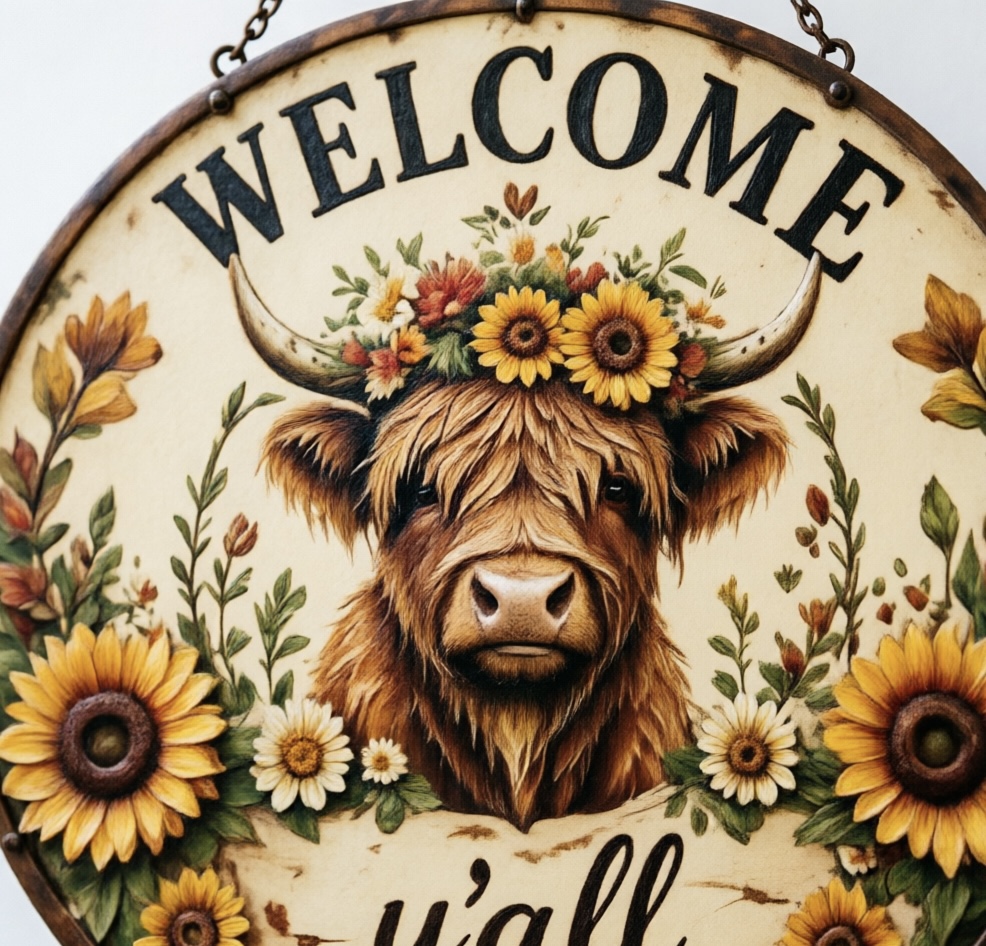 🌻 Highland Cow Sunflower Metal Welcome Sign​