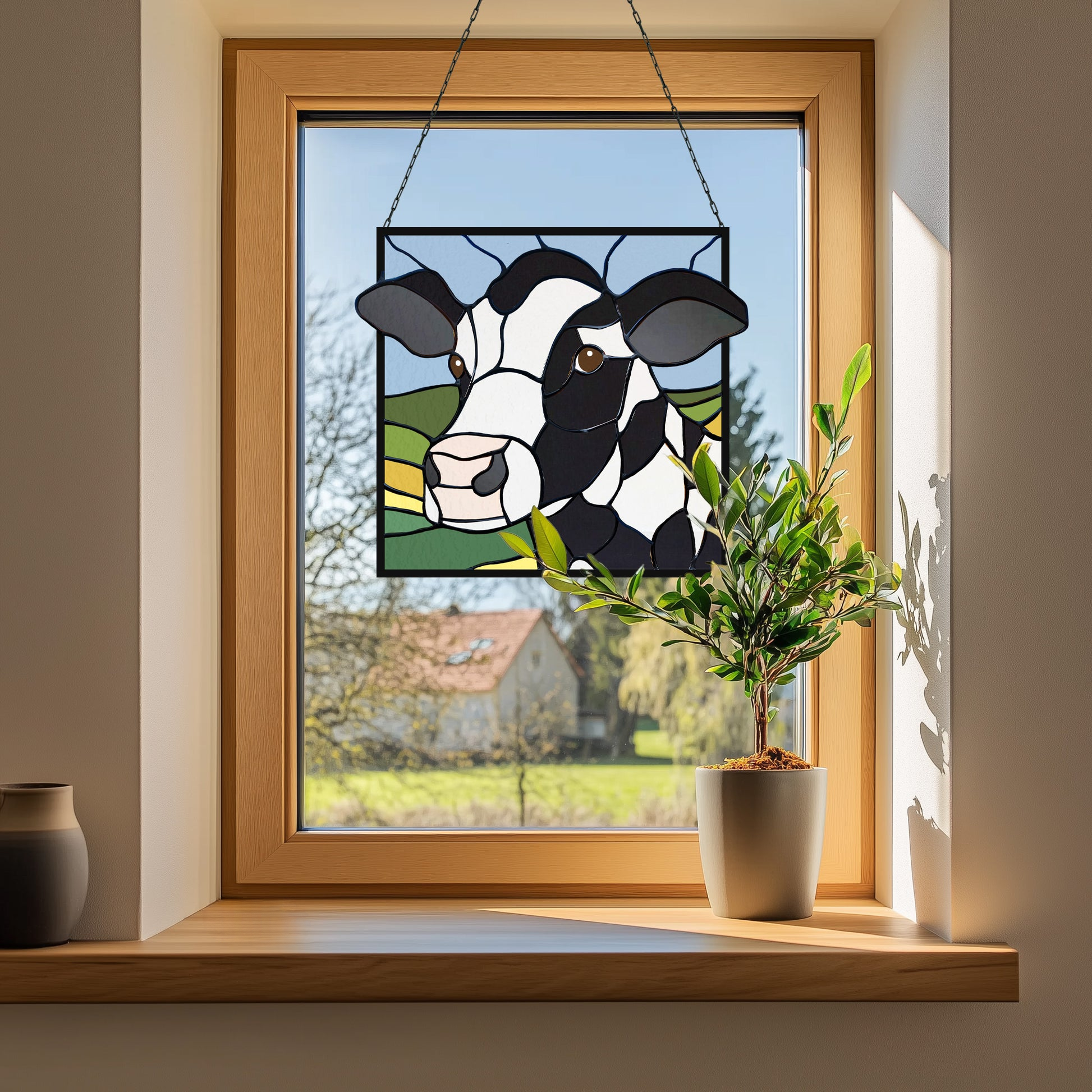Handcrafted Cow Stained Glass Hanging Panel