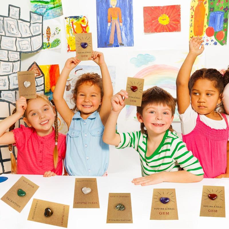 Valentines Day Gifts for Kids - 24 Pack Valentines Cards with Heart-Shape Gems - Valentine Crystals Rock Gift Exchange for Boys Girls Toddlers Class Classroom School Party Favor