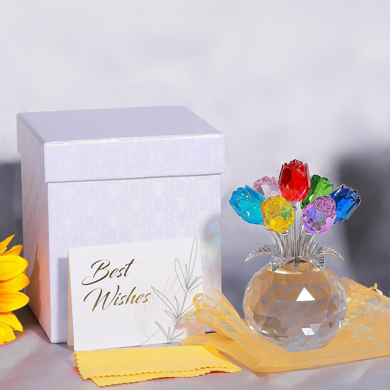 Colorful Rose Crystal Figurine with Vase | Handmade Flower Ornament Home Table Decor