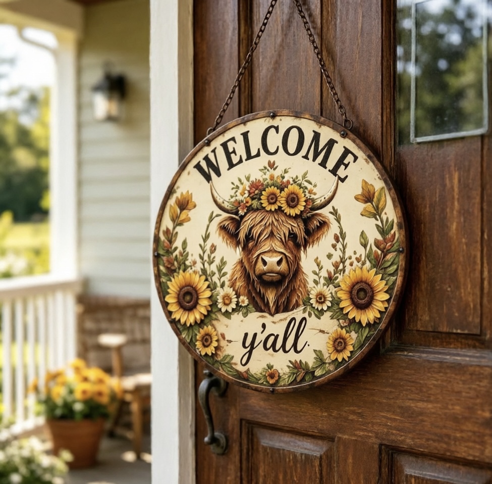 🌻 Highland Cow Sunflower Metal Welcome Sign​