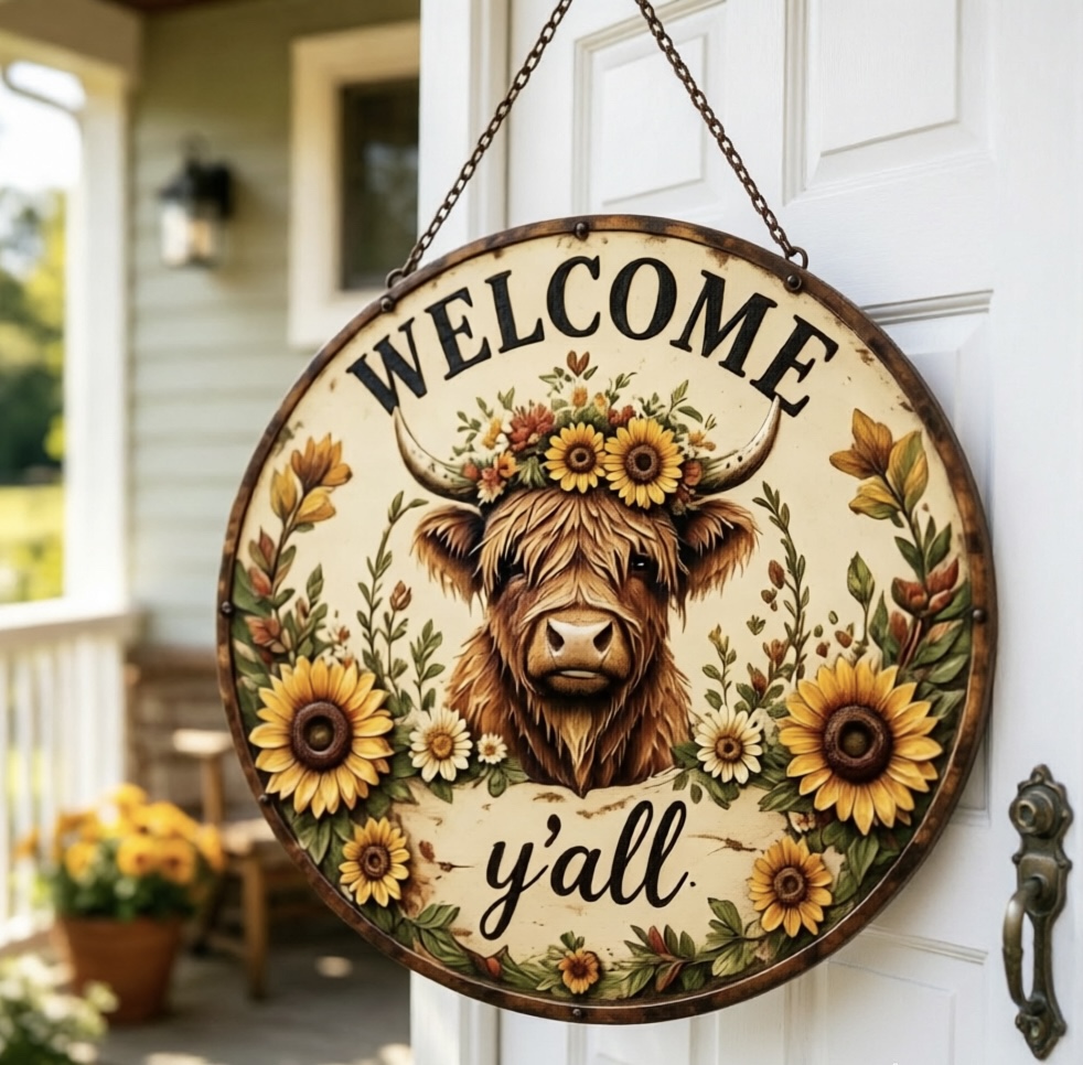 🌻 Highland Cow Sunflower Metal Welcome Sign​