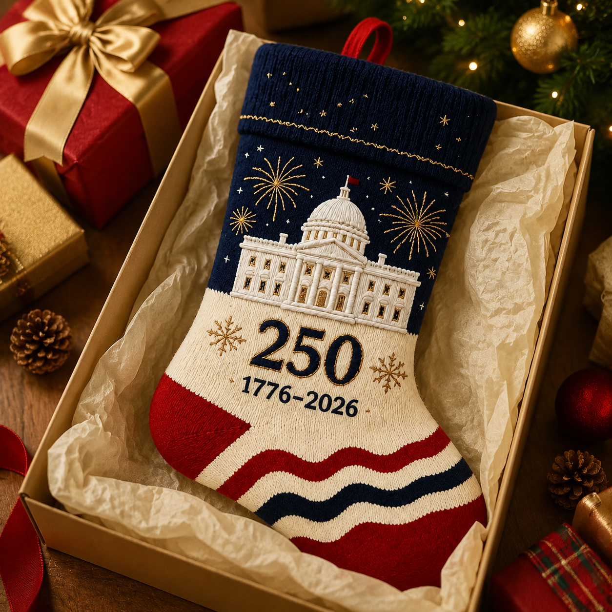 USA 250th Anniversary 1776–2026 Embroidered Christmas Stocking